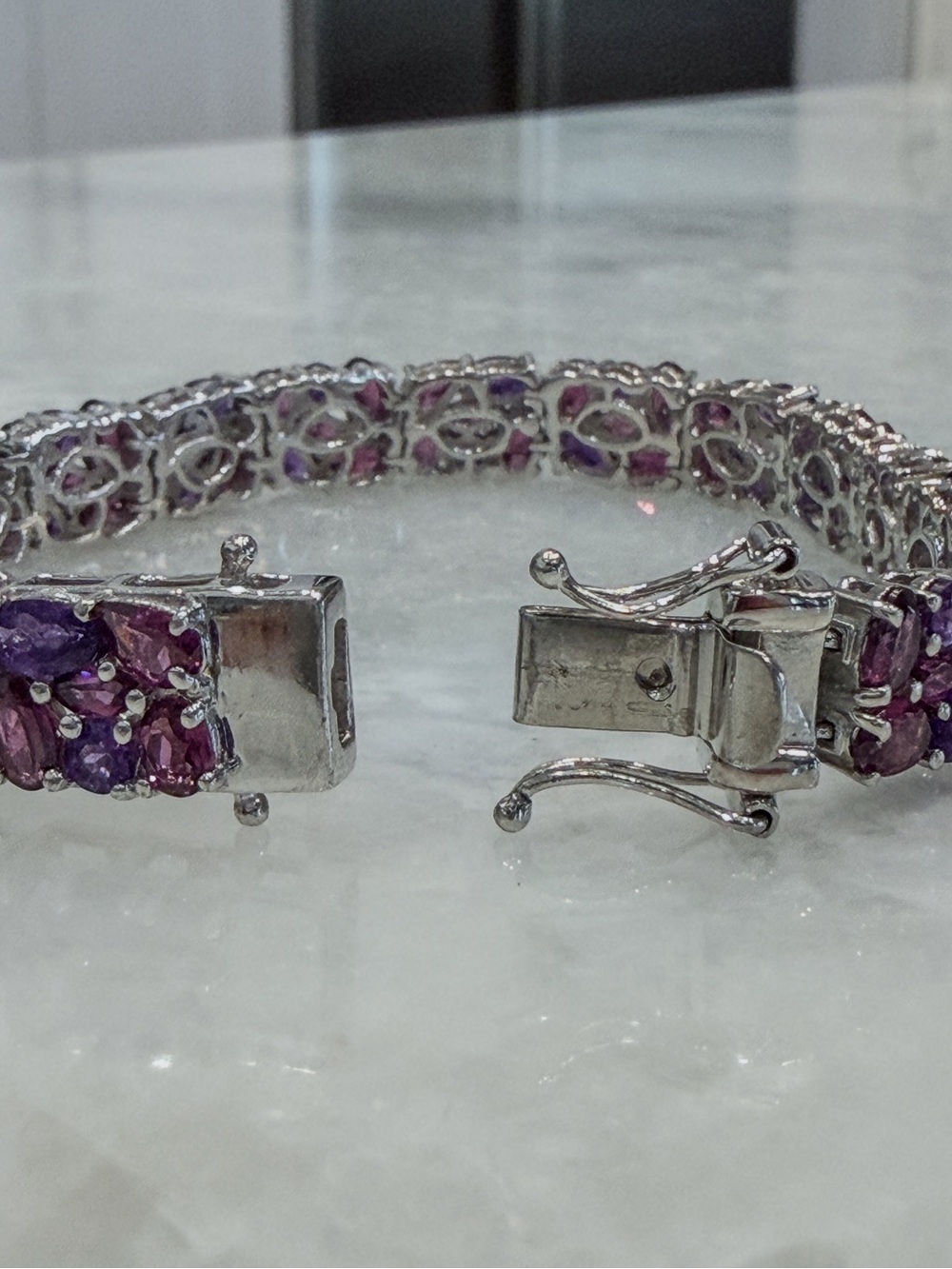 Orissa Rhodolite Garnet & Amethyst Floral Sterling Silver Wide 6.50” Bracelet - Picture 12 of 15